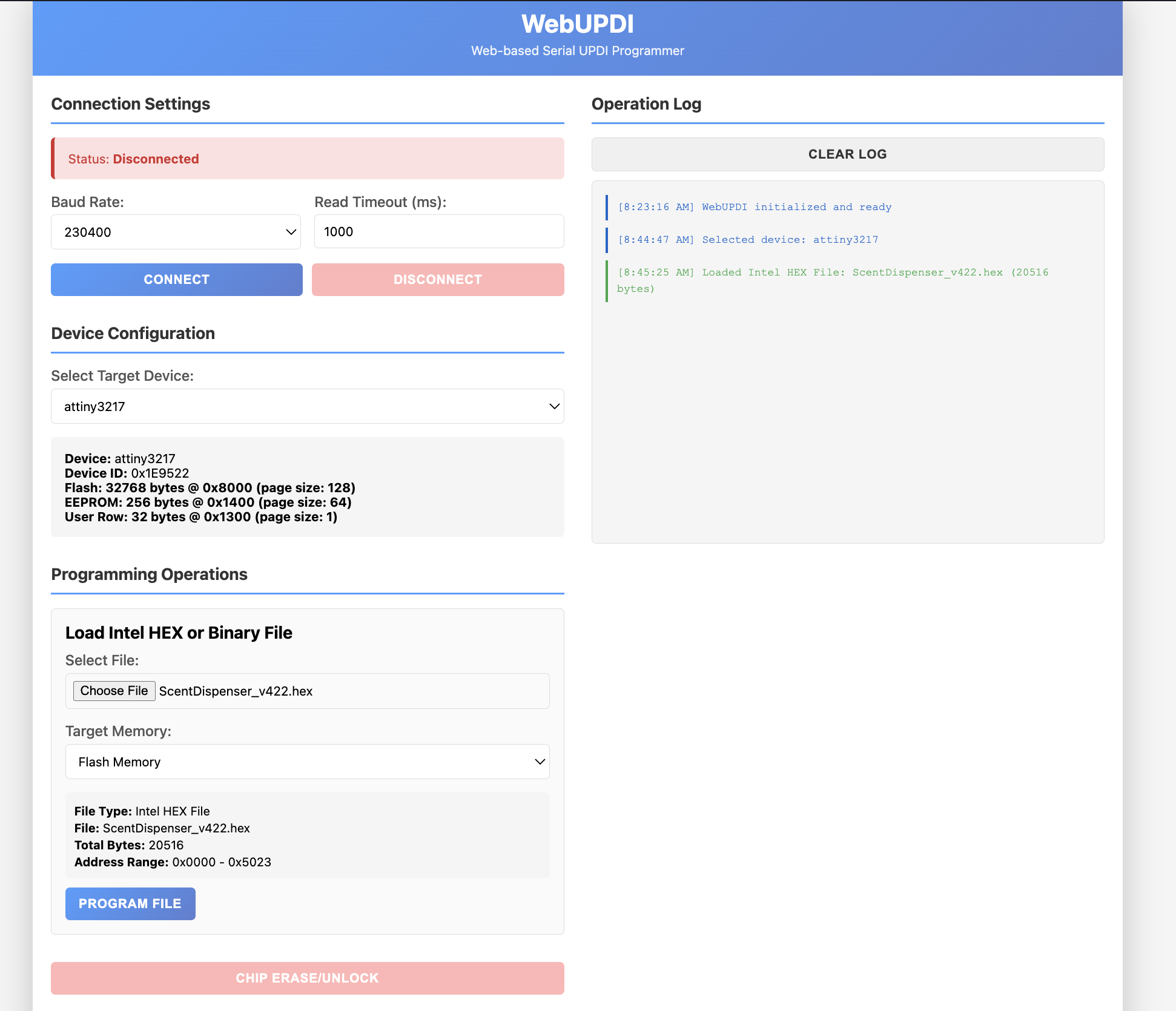 WebUPDI interface showing attiny3217 selected and ScentDispenser firmware loaded